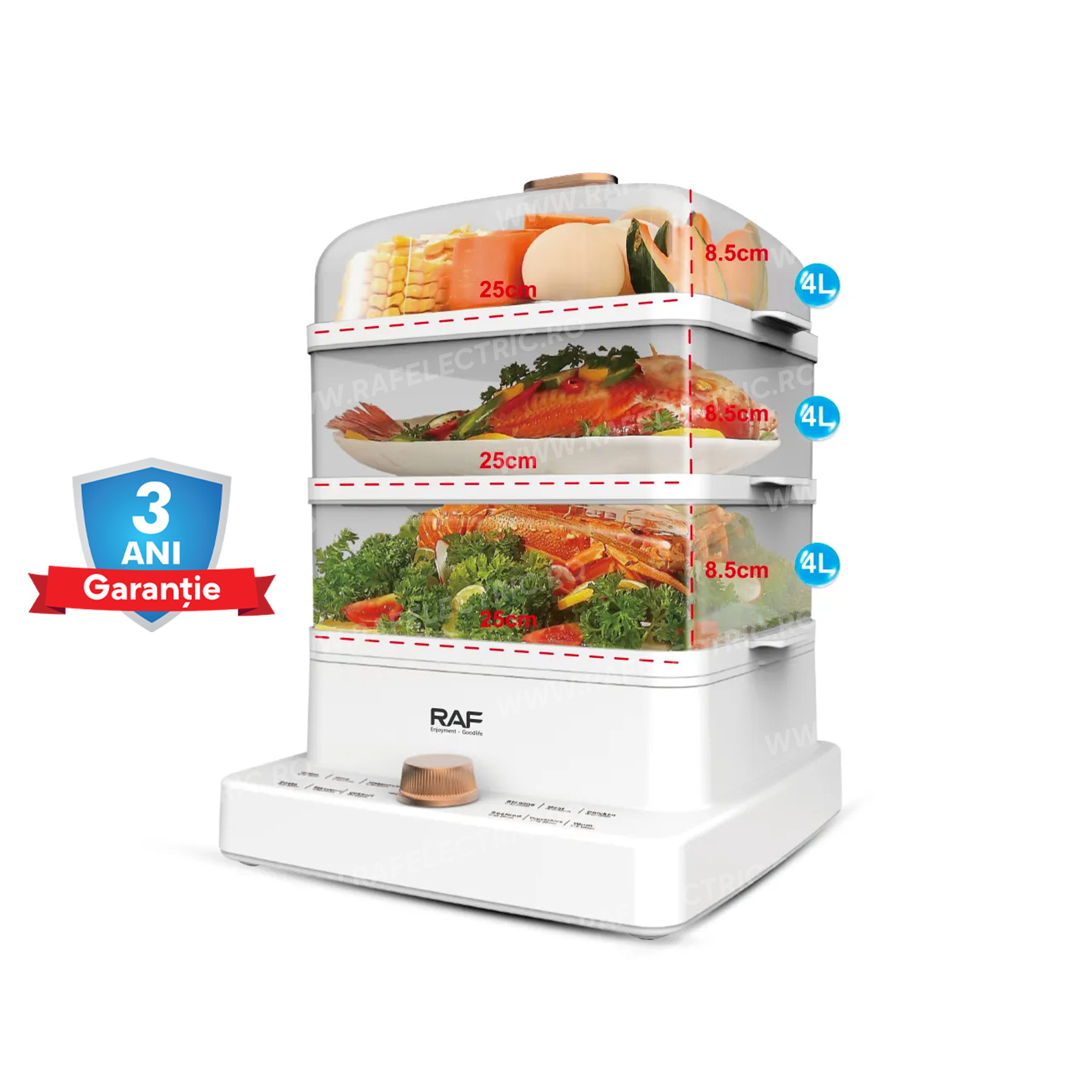 Aparat de Gatit cu Aburi RAF 5238, Capacitate 3x4L, 1200W