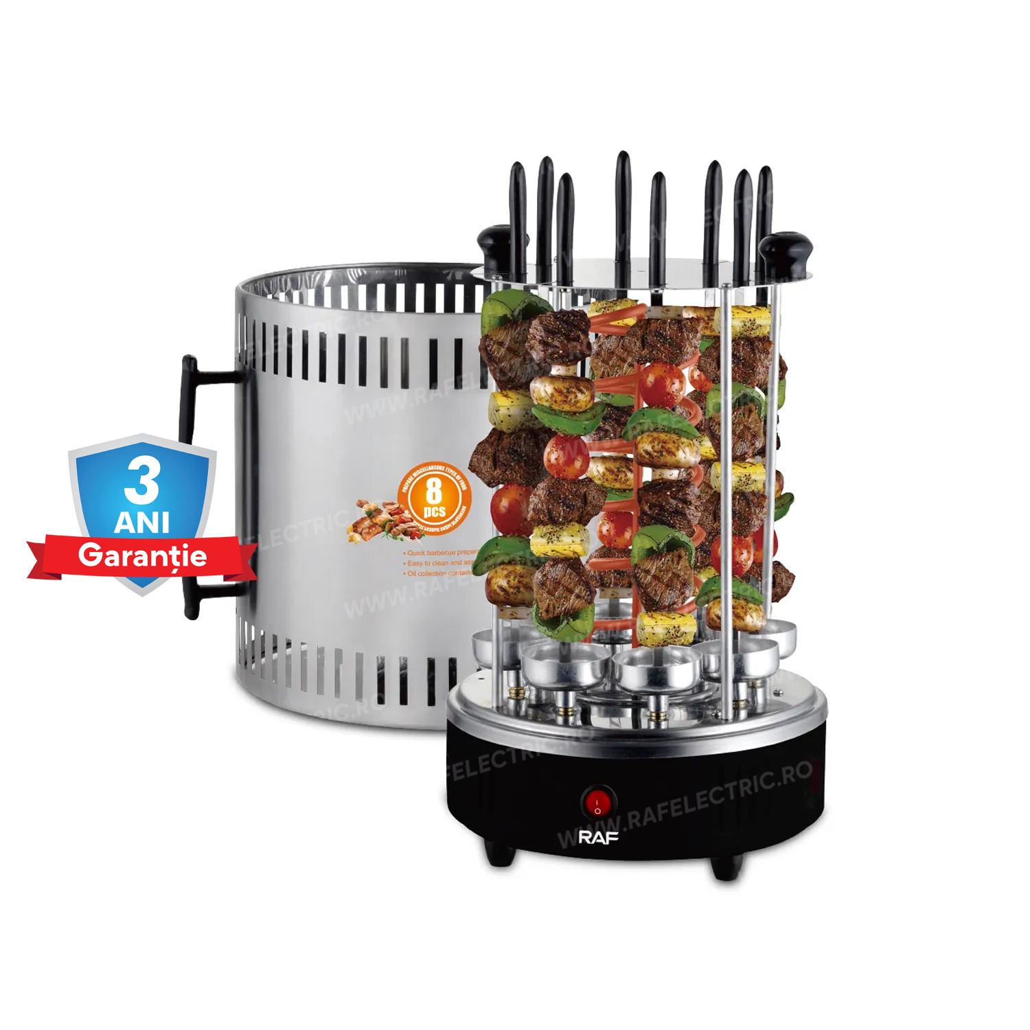 Gratar Electric Vertical RAF 8619, 8 Frigaruie Rotative din Otel, Fara Fum, 1200W