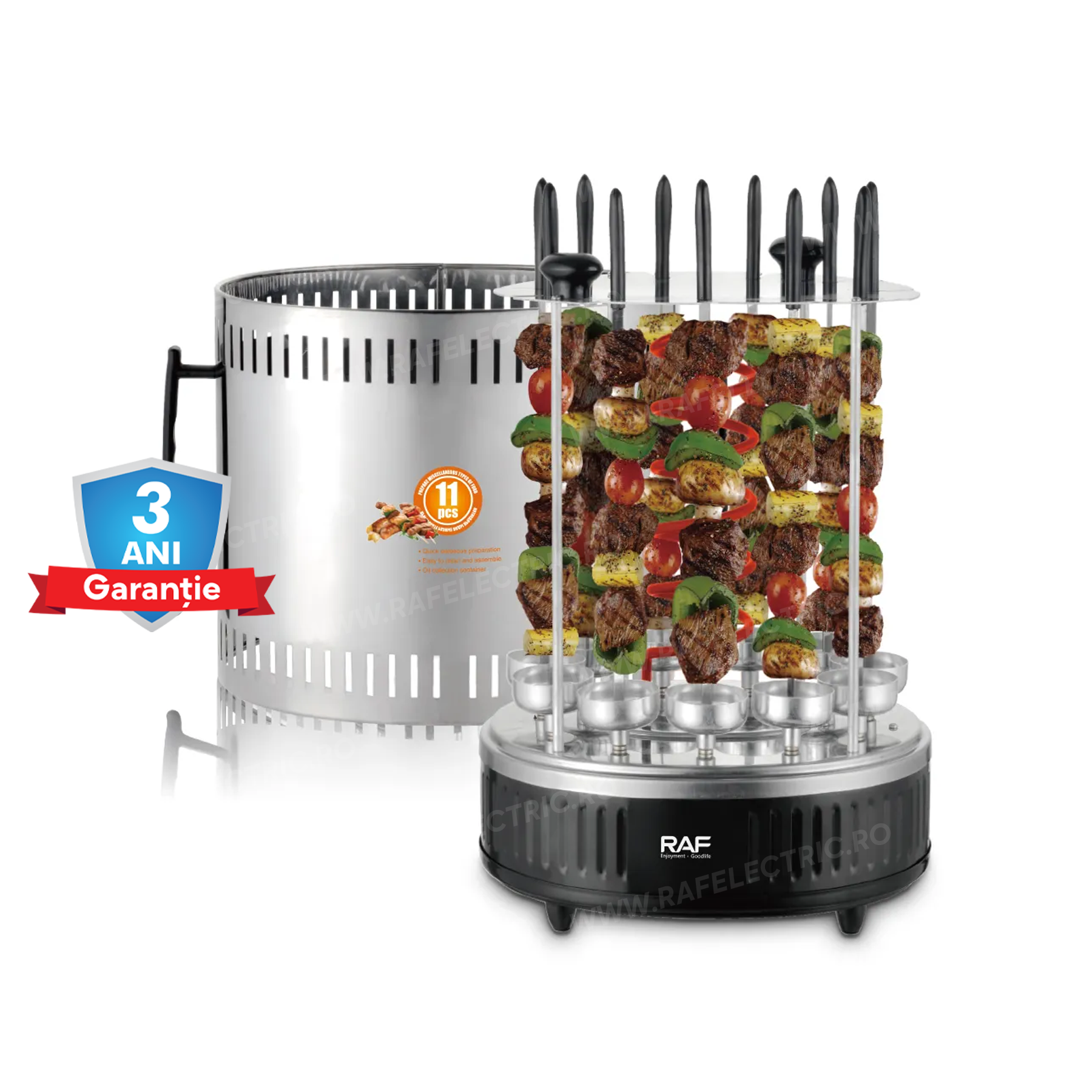 Gratar Electric Vertical RAF 8628, 11 Frigaruie Rotative din Otel, Fara Fum, 1500W