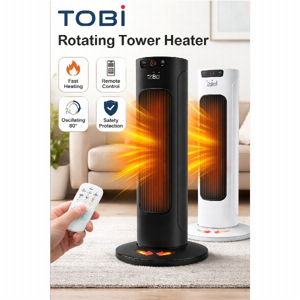 Aerotermă Tip Turn, 2000W, Oscilație 60°, Telecomandă, Încălzitor Electric pentru Cameră Negru-Alb