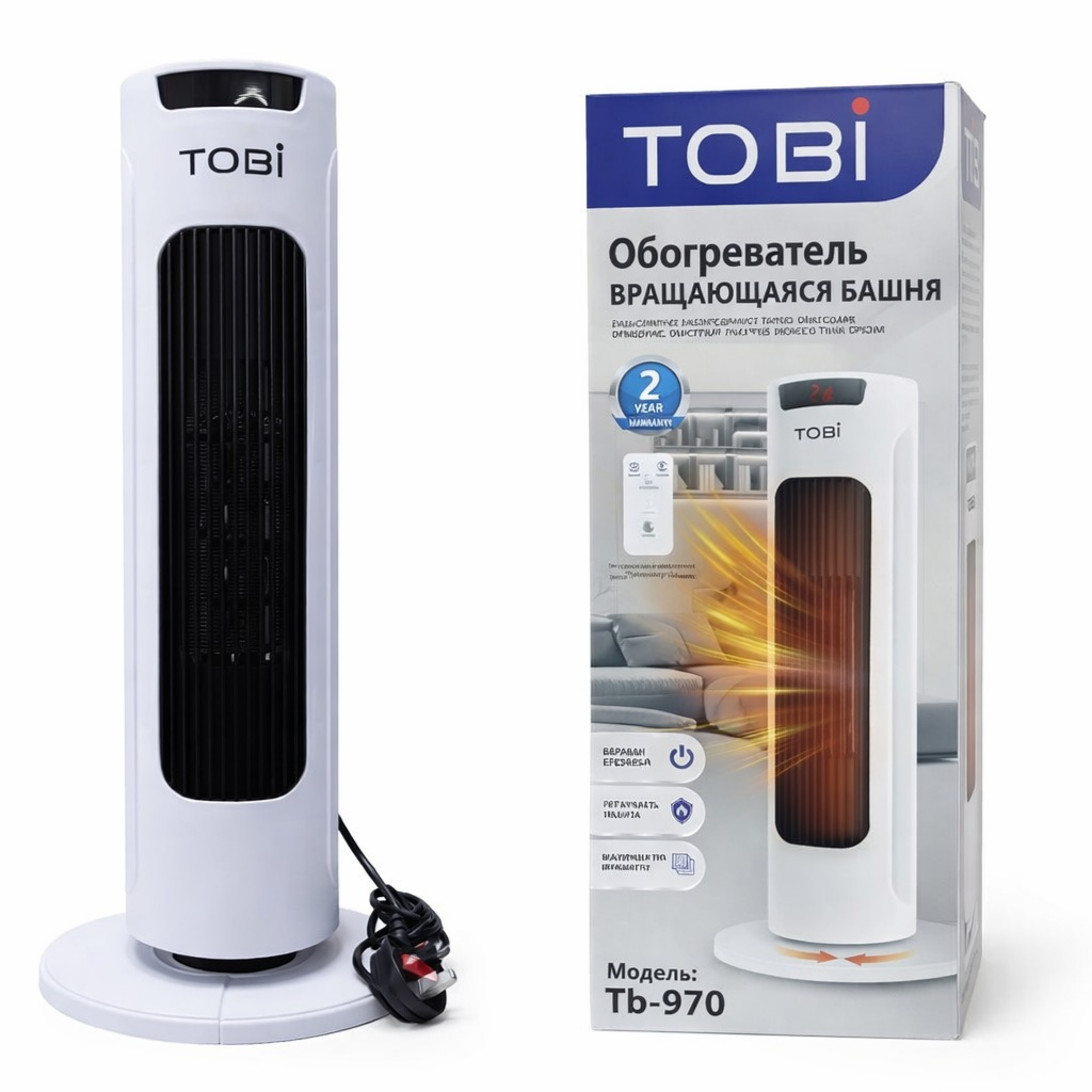 Aerotermă Tip Turn, 2000W, Oscilație 60°, Telecomandă, Încălzitor Electric pentru Cameră Negru-Alb