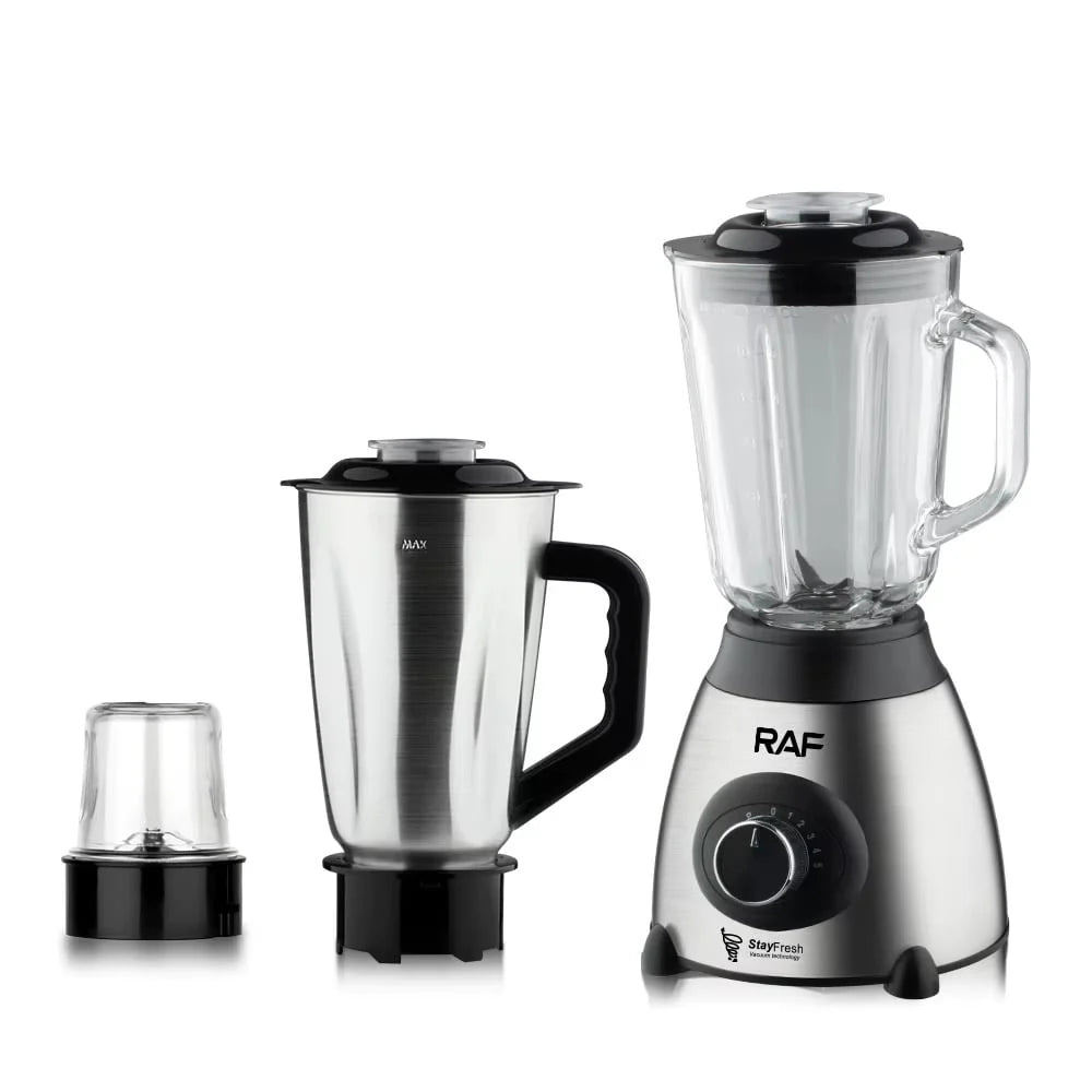 Blender Electric RAF R.2871 (1000W) – 3-în-1 cu Pahar Sticlă & Tocător Inox plus Rasnita , Rapid și Ușor de Folosit!