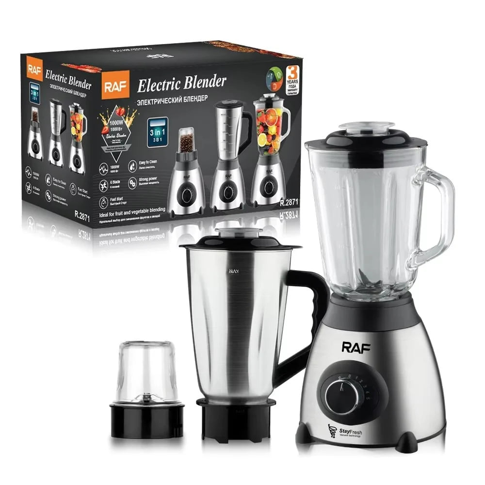 Blender Electric RAF R.2871 (1000W) – 3-în-1 cu Pahar Sticlă & Tocător Inox plus Rasnita , Rapid și Ușor de Folosit!