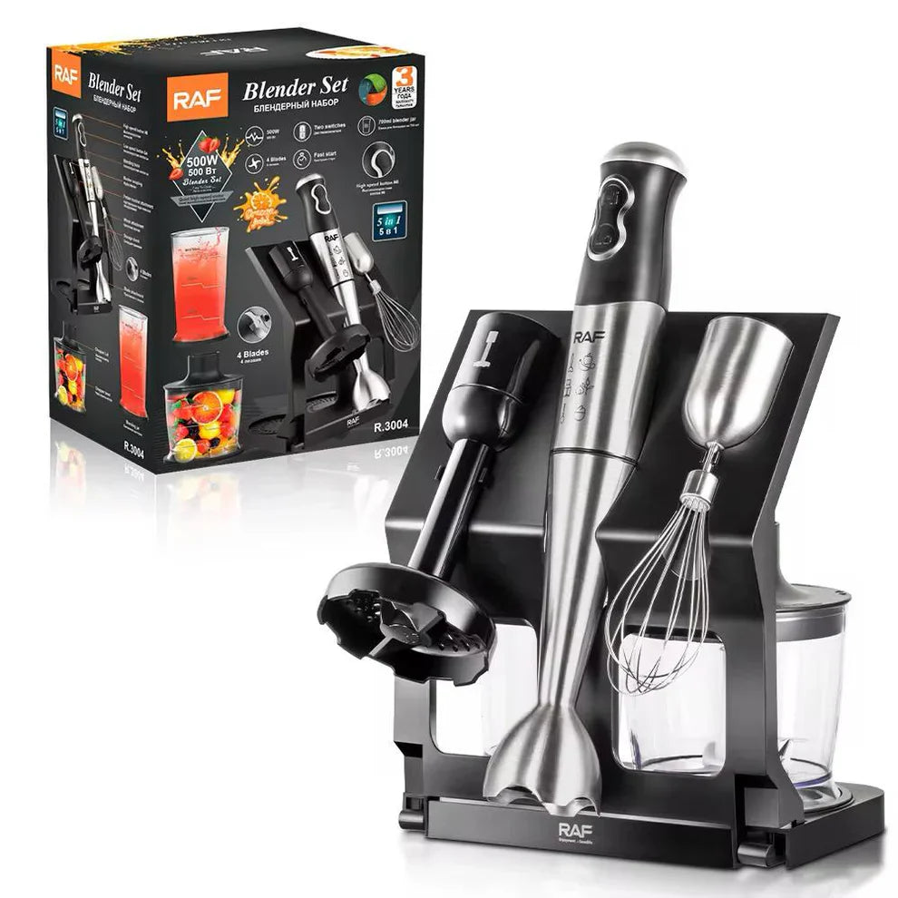 Blender Profesional RAF R.3004, 5 în 1 - 500W, Tocator, Mixer, Blender, Pasator, Suport Inclus
