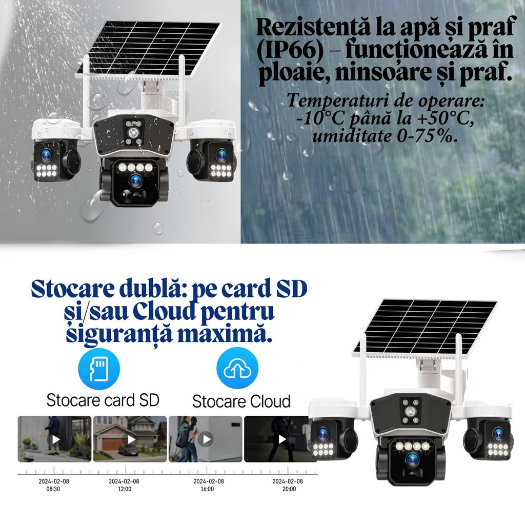 Cameră de supraveghere WiFi solară Triple-Lens 9MP – vedere 360°, detecție PIR, 20 LED-uri night vision 30m, IP65, card cadou inclus