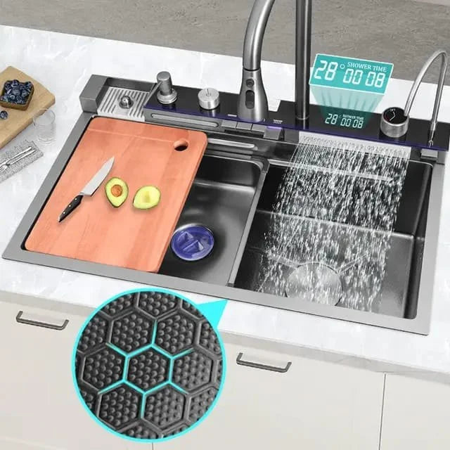 Chiuveta Multifuncționala Moderna cu 2 Cascade – Robinet Cascada Elegant în Negru Grafit, Afișaj Digital al Temperaturii, Dimensiuni 750x460mm, Set Complet de Accesorii Incluse – Design Premium și Durabil