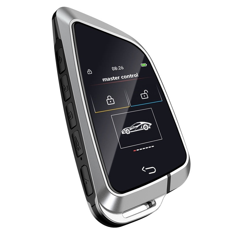 Cheie Auto Inteligentă Smart Key cu Ecran LCD Touch, 4 Butoane, Keyless Go, Bluetooth, Universală, Logo Personalizat, Ramă Argintie, Spate Negru