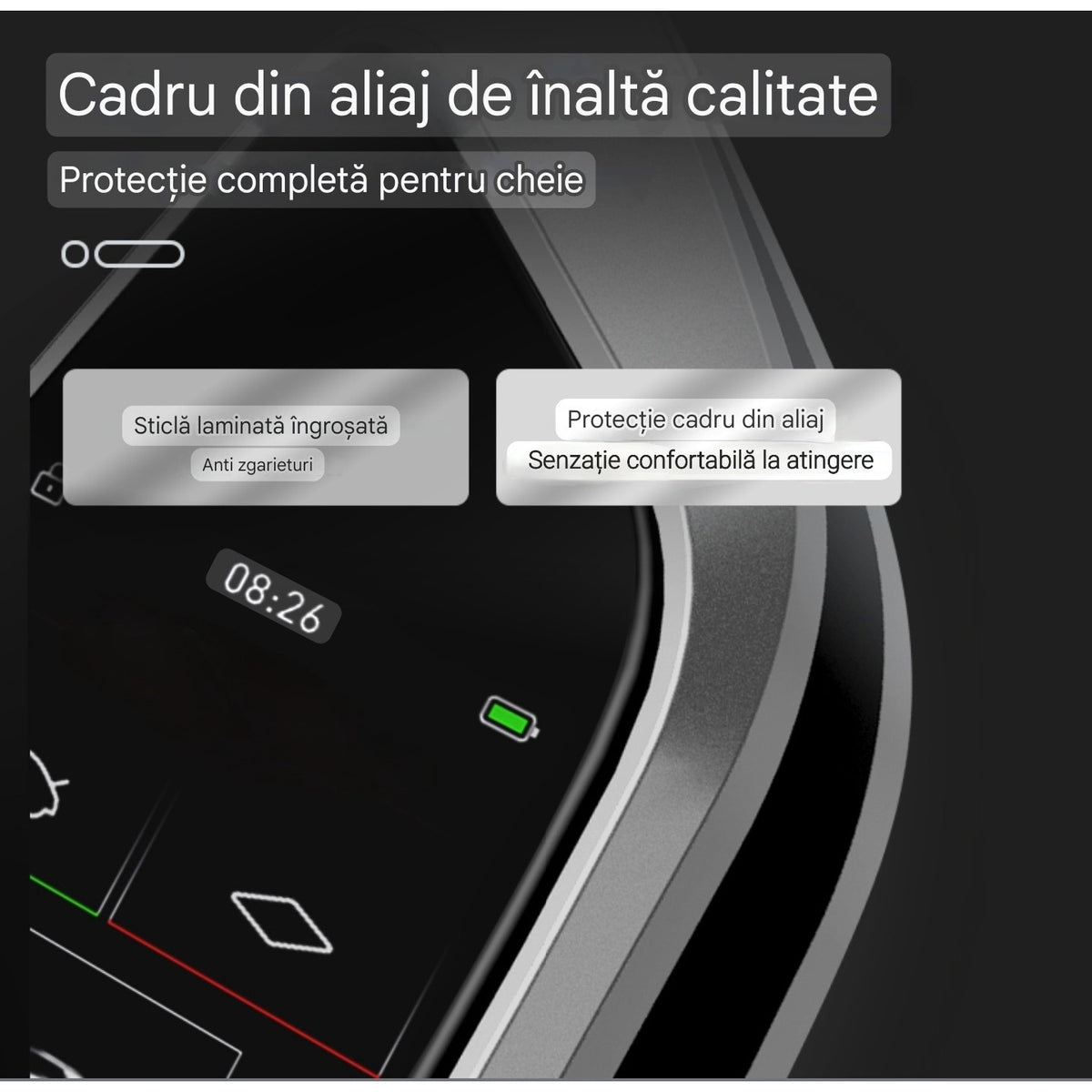 Cheie Auto Inteligentă Smart Key cu Ecran LCD Touch, 4 Butoane, Keyless Go, Bluetooth, Universală, Logo Personalizat, Ramă Argintie, Spate Negru