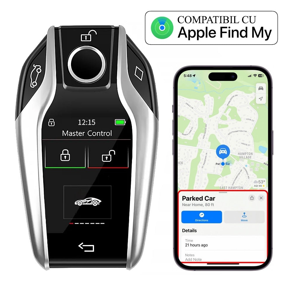Cheie Auto Smart iSmartKey cu Ecran LCD, 4 Butoane, Keyless Go, Compatibilă Apple Find My, Argintiu