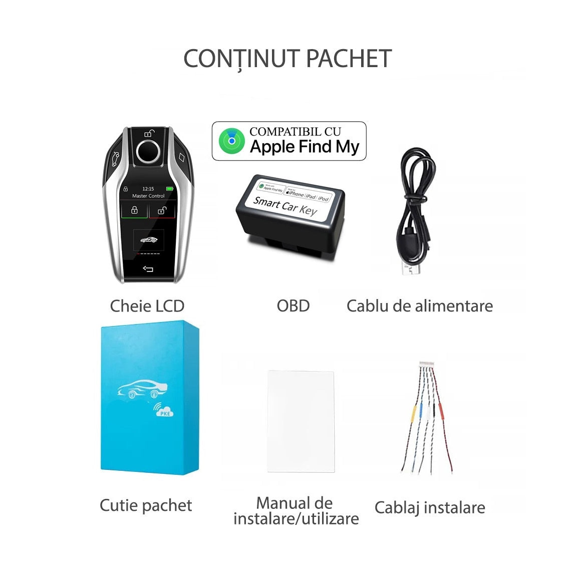 Cheie Auto Smart iSmartKey cu Ecran LCD, 4 Butoane, Keyless Go, Compatibilă Apple Find My, Argintiu