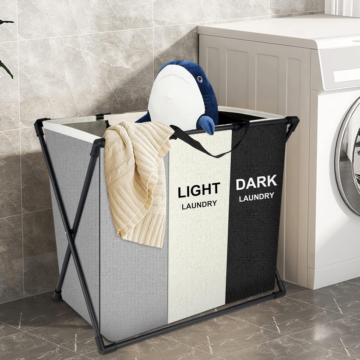 Cos de Rufe Pliabil, 3 Compartimente pentru Sortare, 62x34x56 cm