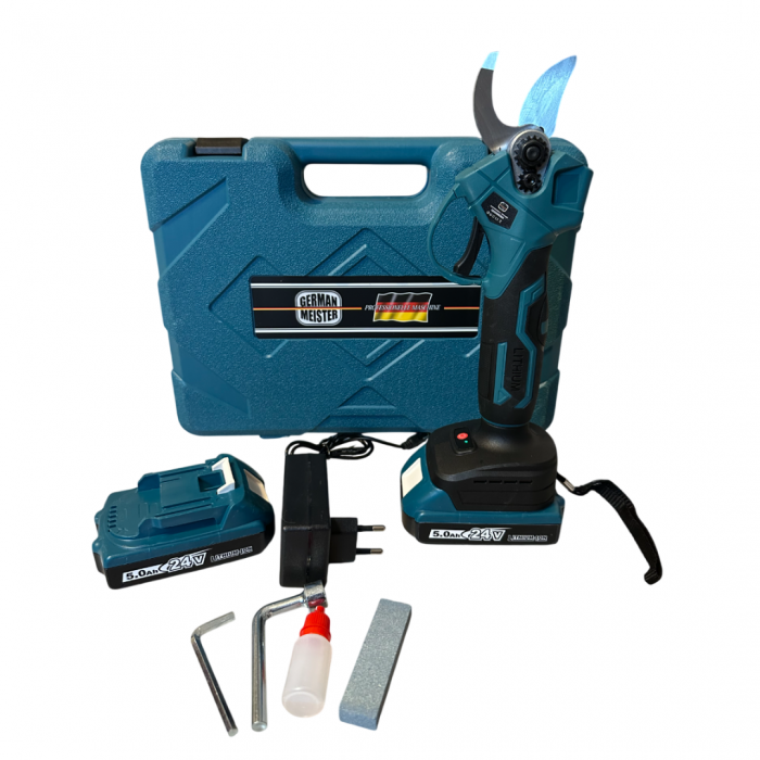 Foarfecă Electrică German Meister 24V - Set Profesional cu 2 Acumulatori 5Ah 2 trepte de tăiere | Pentru vie, crengi și tufe | Autonomie extinsă