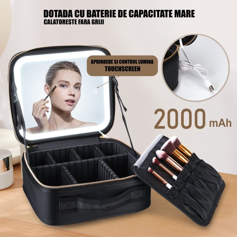 Geanta Cosmetica Pentru Make-up cu Oglinda LED cu Touch, 26x23x11 cm