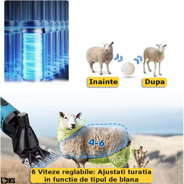 Mașină Tuns Oi Electrică Profesională – Acumulator 48V, 6 Viteze Reglabile, 2400 RPM, Lame din Oțel Ascuțite , pentru Oi, Capre, Câini, cu Trusă Transport și 2 Acumulatori Incluși
