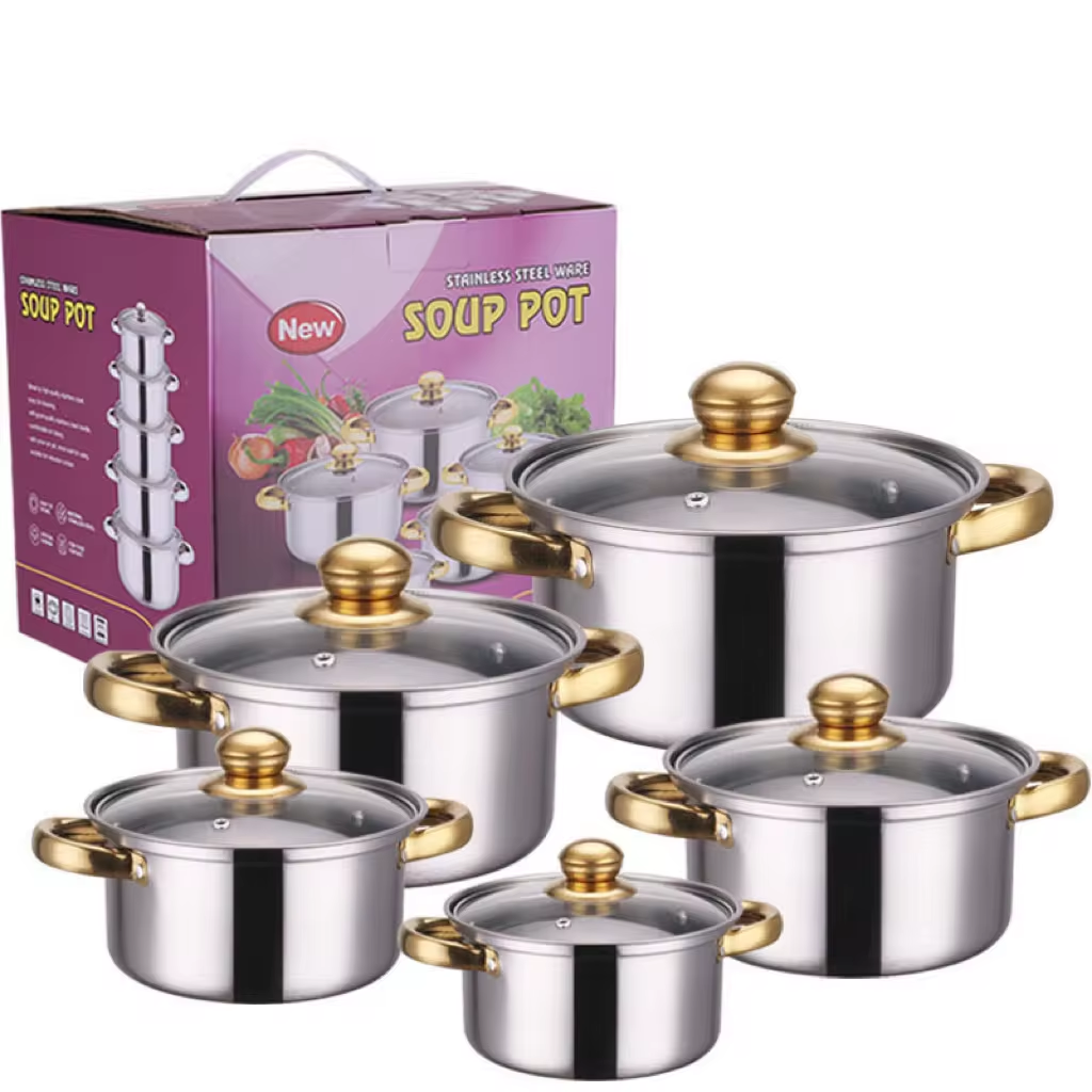 Set Oale din Inox 10 Piese cu Capace din Sticlă, 18/20/22/24/26 cm, Compatibile cu Toate Tipurile de Plite