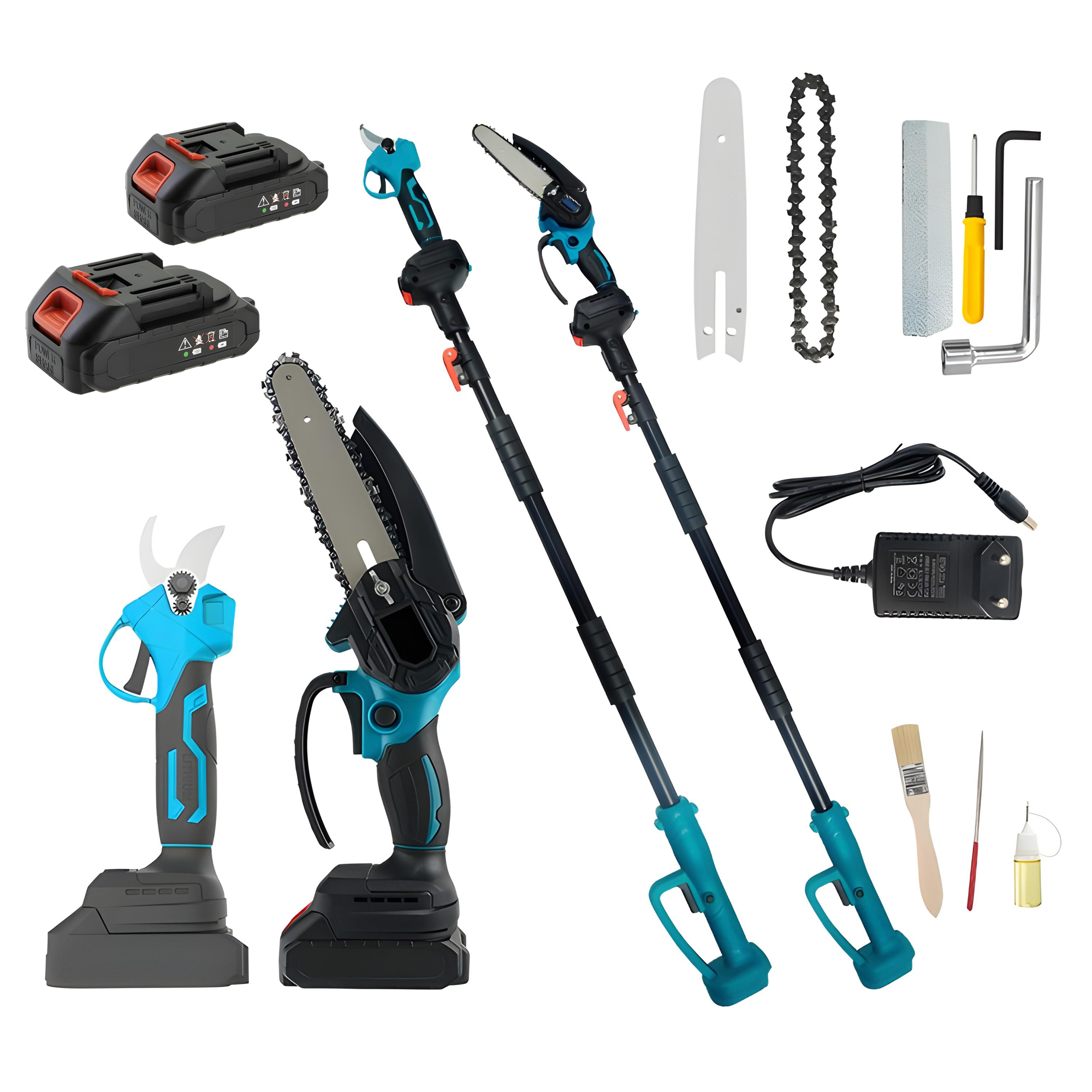 Set Foarfeca Gradina si Mini Drujba, 2 Acumulatori 48V, cu Brat 2.13m Telescopic, Unghi de Taiere Reglabil