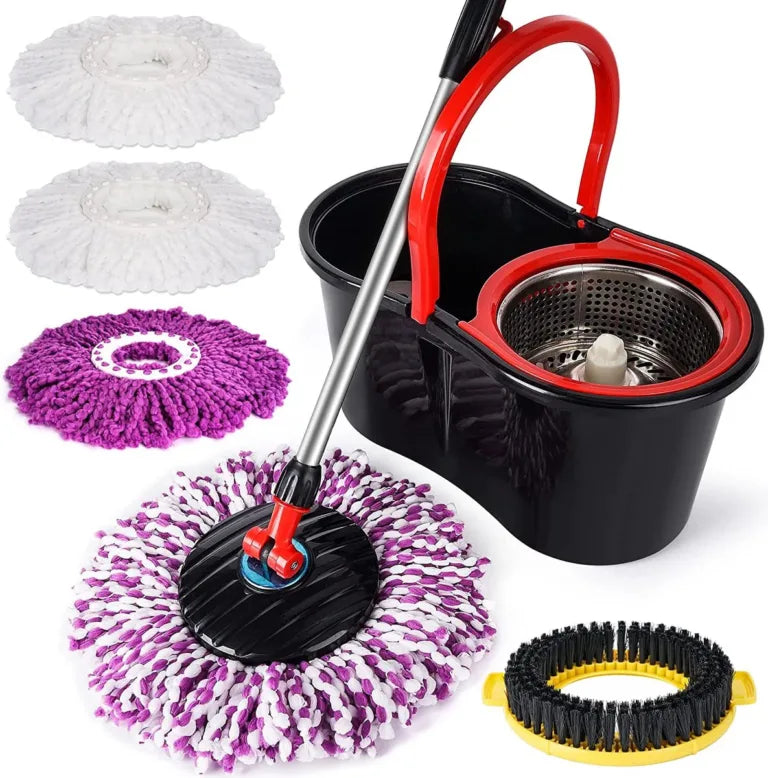 Set mop magic rotativ 360 grade , cu talpă și cuva din inox , 4 rezerve diferite + perie rosturi, rezerve incluse