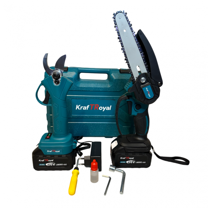 Trusă Profesională KraftRoyal: Foarfecă de Grădină + Mini Drujbă 36V, 2 Acumulatori 8Ah & 2 Lanturi | Tăiere Rapidă, Fără Cablu