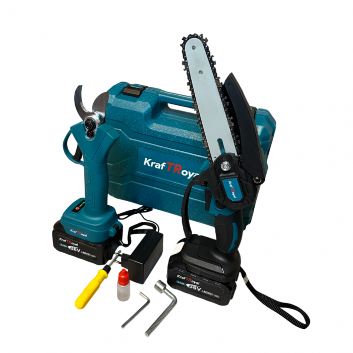 Trusă Profesională KraftRoyal: Foarfecă de Grădină + Mini Drujbă 36V, 2 Acumulatori 8Ah & 2 Lanturi | Tăiere Rapidă, Fără Cablu