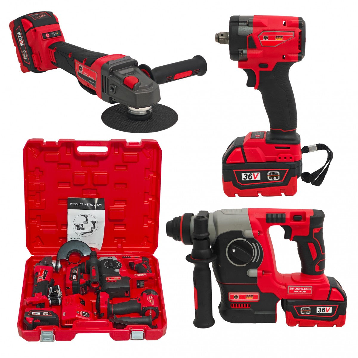 Trusă German Meister 3-în-1, Brushless, cu 2 Acumulatori 36V 8Ah, Ciocan Rotopercutor + Impact + Flex, Încărcător și Valiză