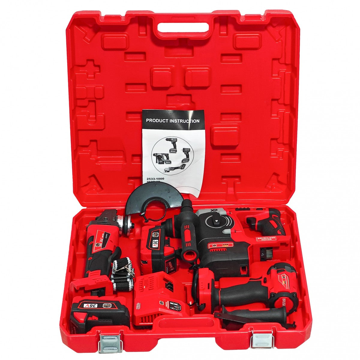 Trusă German Meister 3-în-1, Brushless, cu 2 Acumulatori 36V 8Ah, Ciocan Rotopercutor + Impact + Flex, Încărcător și Valiză