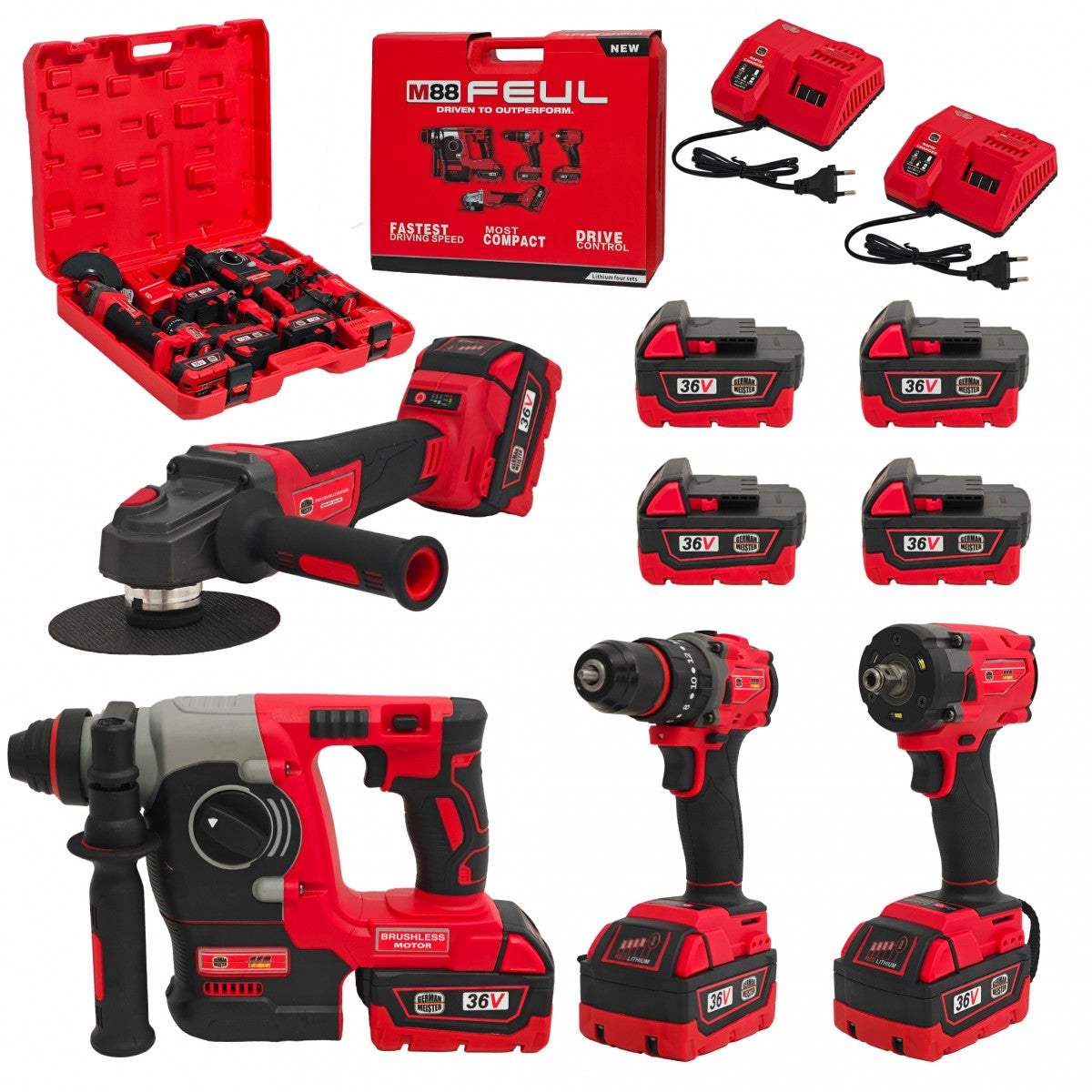 Trusă German Meister 4-în-1 Brushless, Model Nou, cu 4 Acumulatori 36V 8Ah + 2 Încărcătoare, Impact 350 Nm, Flex Ø125 mm, Rotopercutor 3J, Autofiletantă