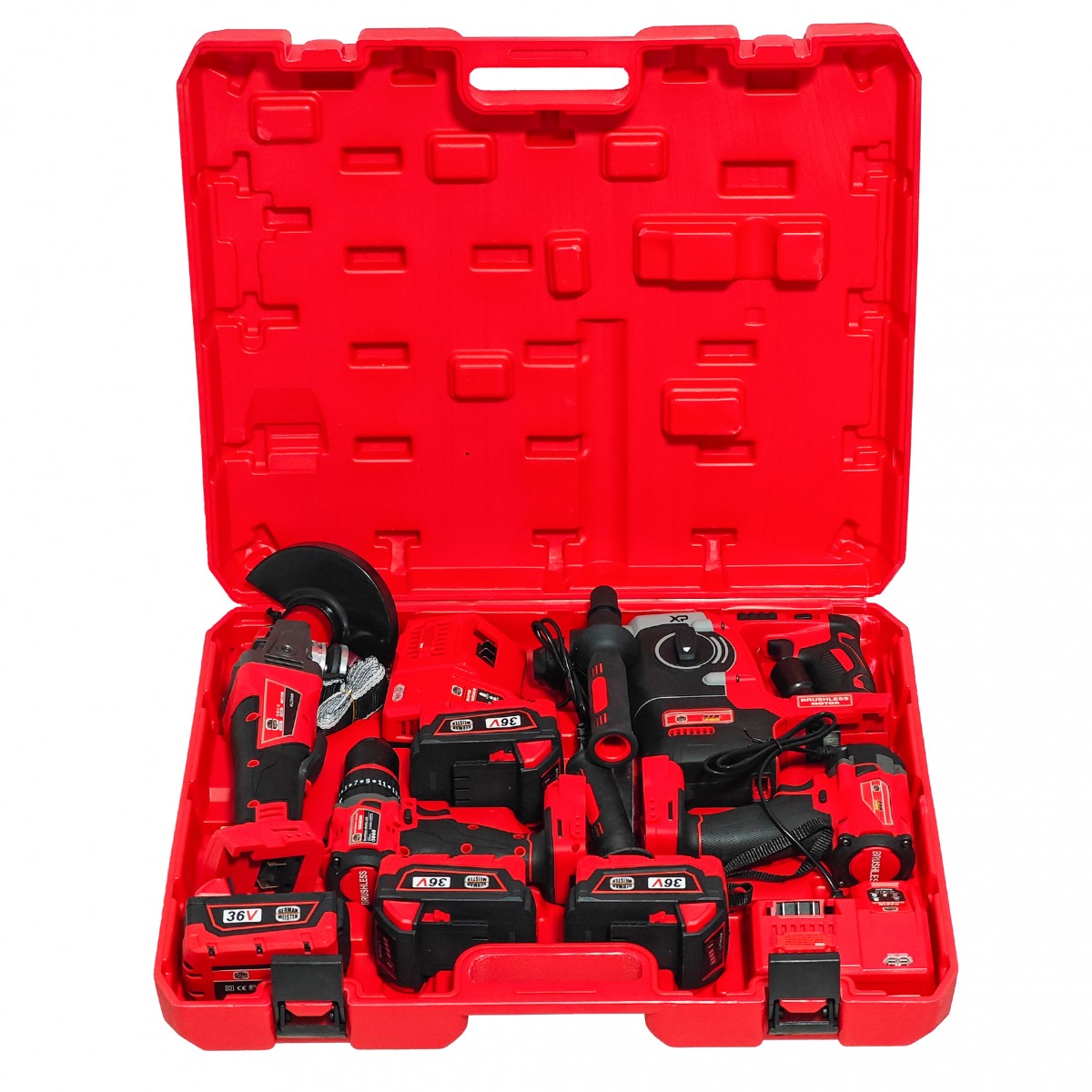 Trusă German Meister 4-în-1 Brushless, Model Nou, cu 4 Acumulatori 36V 8Ah + 2 Încărcătoare, Impact 350 Nm, Flex Ø125 mm, Rotopercutor 3J, Autofiletantă