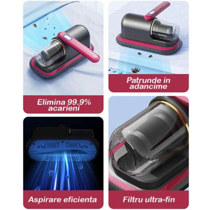 Aspirator Portabil Antialergic & Antiacarieni | 100W, UV-C, 8Kpa, Zgomot Redus | incarcabil, Perfect pentru Praf, Mites & Bacterii