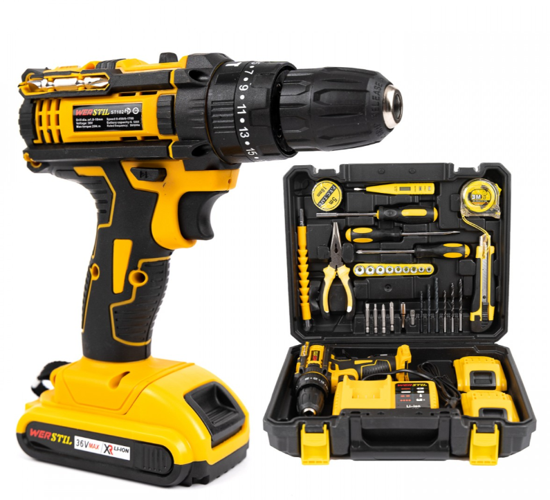 Bormașina WERSTIL 48V Cu 2 Baterii – Autofiletare, Percutie & 30 Piese | Putere Maxima