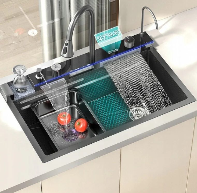 Chiuveta Multifuncționala Moderna cu 2 Cascade – Robinet Cascada Elegant în Negru Grafit, Afișaj Digital al Temperaturii, Dimensiuni 750x460mm, Set Complet de Accesorii Incluse – Design Premium și Durabil