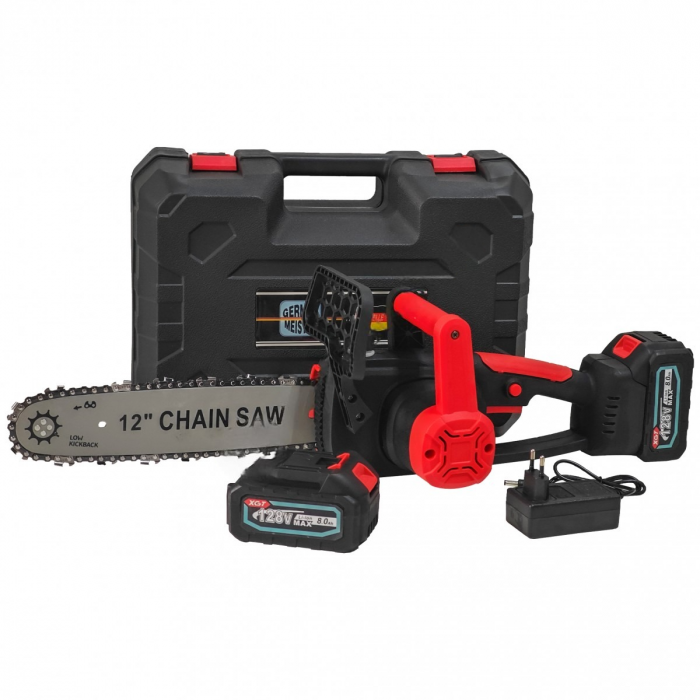 Drujbă Profesională German Meister 128V | 2 Acumulatori 8Ah | Lama 12" | Sistem Ungere Automată Lânț