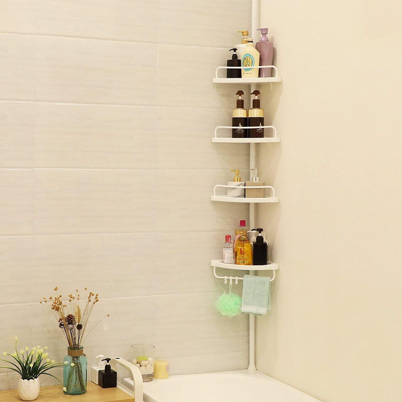 Etajera Colț Baie/Duș, 4 Rafturi Reglabile, Montare pe Colt