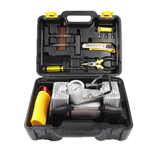 Kit Pana Auto Profesional – Compresor 12V cu 2 Cilindri, Metalic + Accesorii Complete | Rezistenta & Performanta