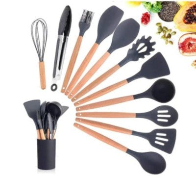 Set 12 Ustensile de Gatit din Silicon cu Maner din Bambus – Sigur & Eco-Friendly