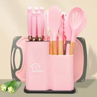 Set de 19 Ustensile de Bucatarie din Silicon cu Suport și Manere din Lemn – Practic și Elegant