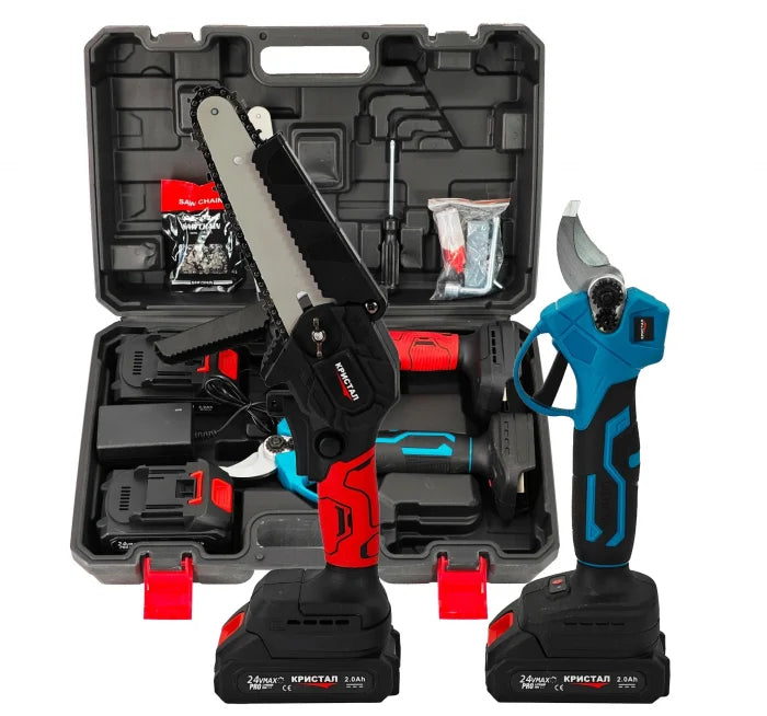 Set Profesional Foarfecă Electrică pentru Viță de Vie + Mini Drujbă Electrică de 6 inch – 2 Acumulatori 48V, 2 Lanțuri