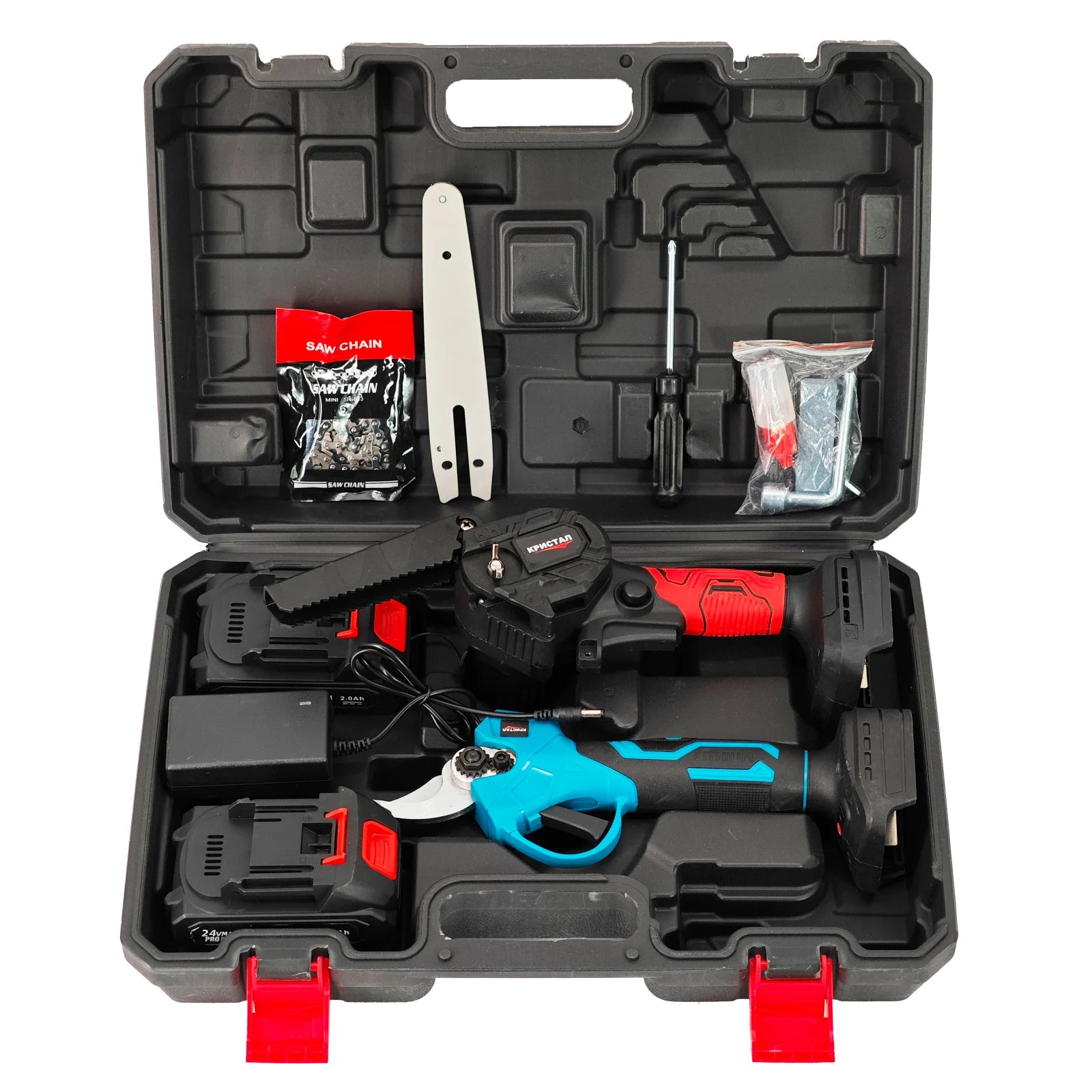 Set Profesional Foarfecă Electrică pentru Viță de Vie + Mini Drujbă Electrică de 6 inch – 2 Acumulatori 48V, 2 Lanțuri