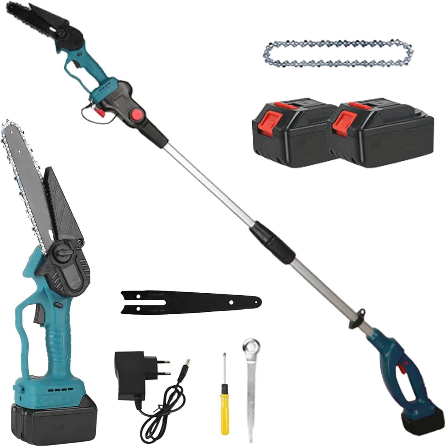 Set Foarfeca Gradina si Mini Drujba, 2 Acumulatori 48V, cu Brat 2.13m Telescopic, Unghi de Taiere Reglabil