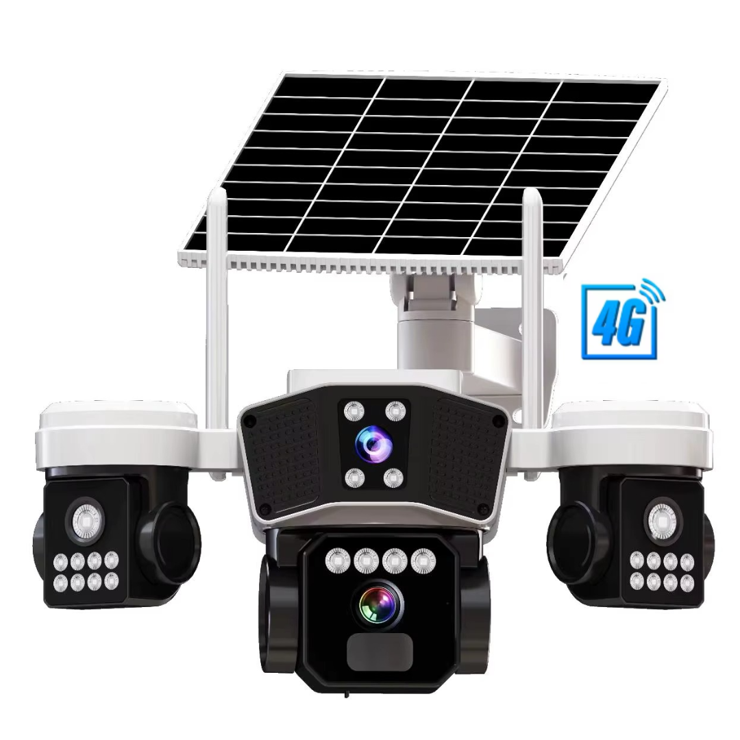Camera Supraveghere cu Panou Solar, Conexiune 4G, Rotatie 360° Panoramică Cu 3 Lentile, Zoom 10x, Card Memorie Cadou