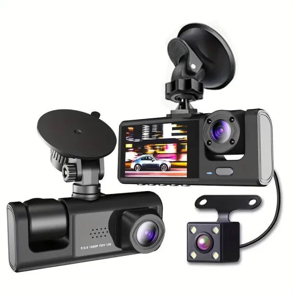Camera auto tripla FullHD, 3 camere-fata/spate/interior, ecran 2, G Senzor