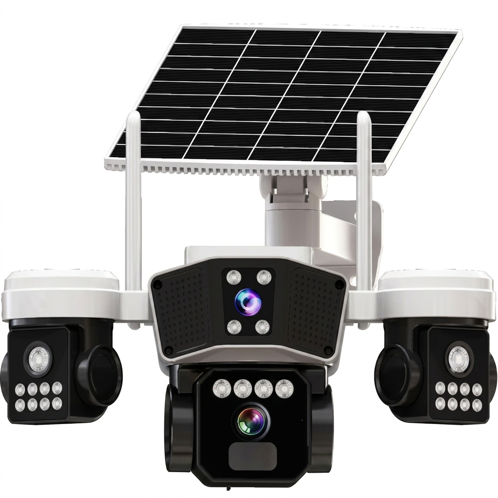 Cameră de supraveghere WiFi solară Triple-Lens 9MP – vedere 360°, detecție PIR, 20 LED-uri night vision 30m, IP65, card cadou inclus