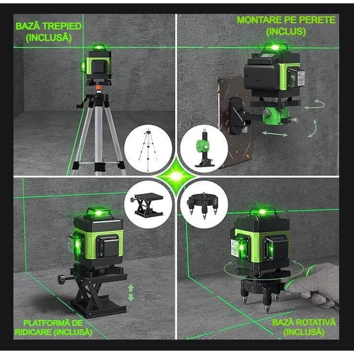 Nivela Laser 4D cu 16 Linii, Autonivelare, 2 Acumulatori, Lumina Verde, Trepied 150 cm, Telecomandă, Platformă Ridicare, Profesională