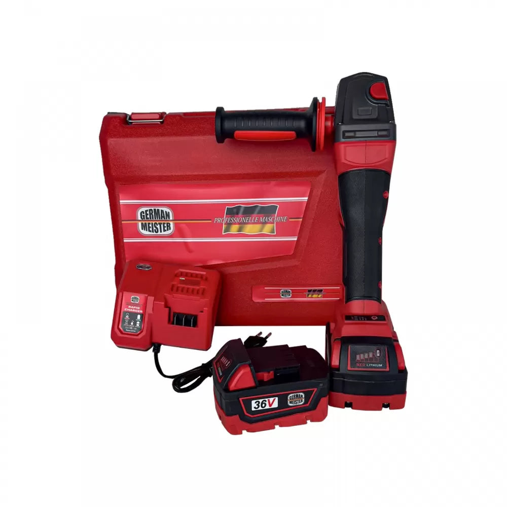 Polizor Unghiular German Meister 36V - 2 Acumulatori 8Ah, 10.000 RPM, Performanță Profesională, Culoare Roșie