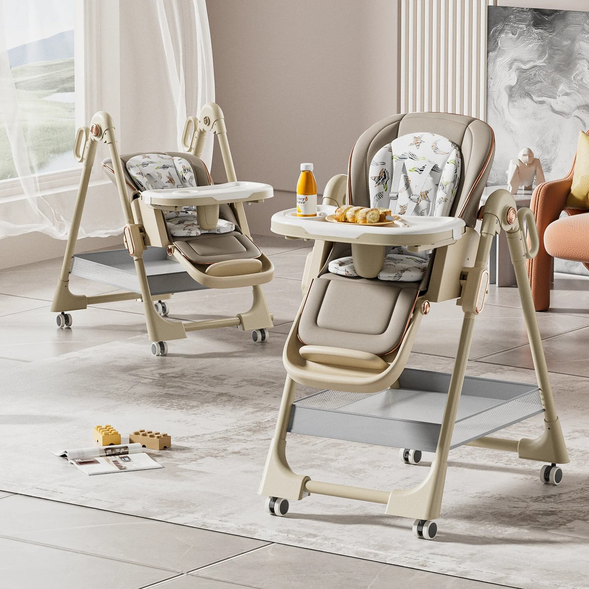 Scaun de Masă pentru Bebeluși, Design Versatil, Ușor de Curățat, Compact, Khaki