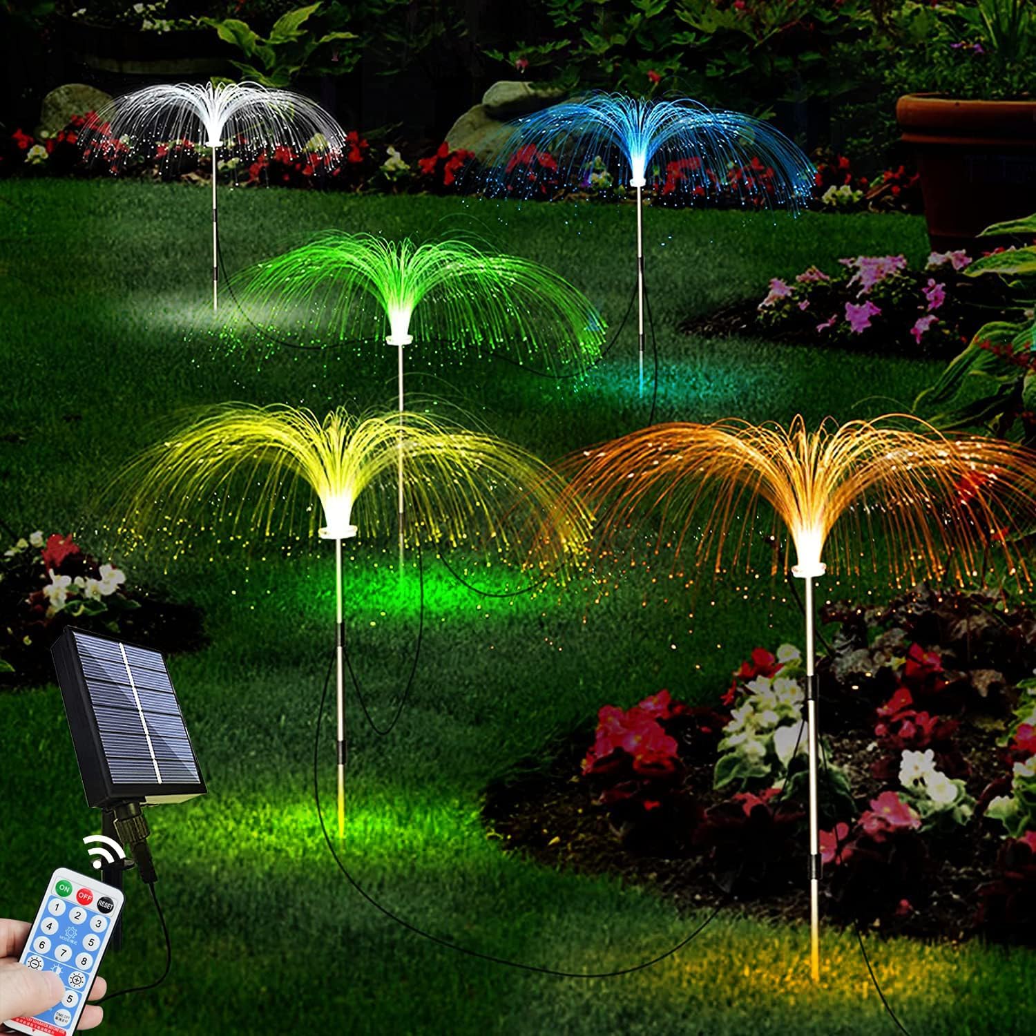 Set 2 Lampi Solare Tip Palmier cu Fibra Optica LED RGB, pentru Iluminat Exterior in Gradina