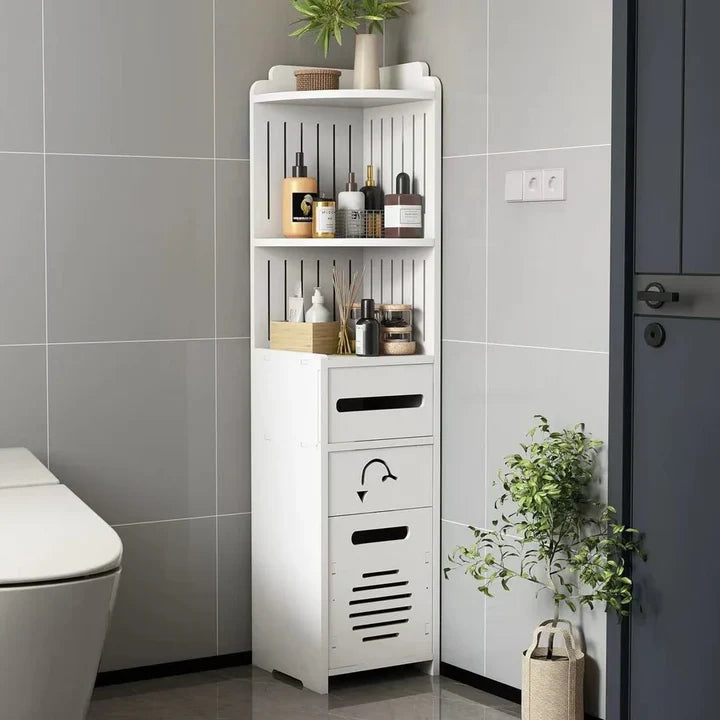 Dulap vertical pentru baie, cu 3 polite, 2 sertare, dimensiuni 90x24x24 cm, greutate maxima suportata 15 kg, alb